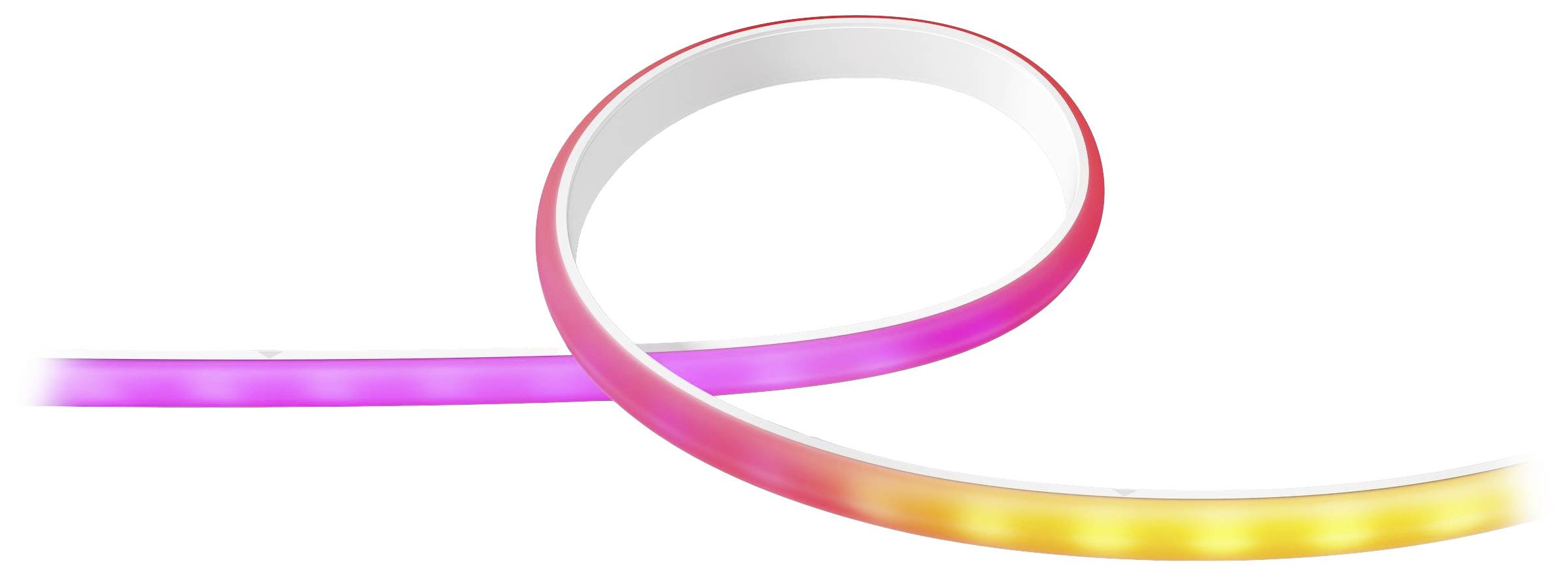 Een lichtgevende LED-strip in een gebogen vorm die overgaat van roze naar geel.