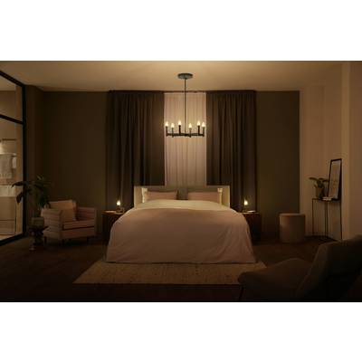 Een gezellige slaapkamer met een groot bed, geflankeerd door nachtkastjes en lampen. Een weelderige hanglamp verlicht de ruimte.