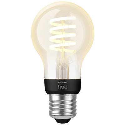 Een gloeilamp met zichtbaar spiraalvormig gloeidraad, merk 'Philips Hue'. Energiezuinig verlichtingselement voor slimme bediening.