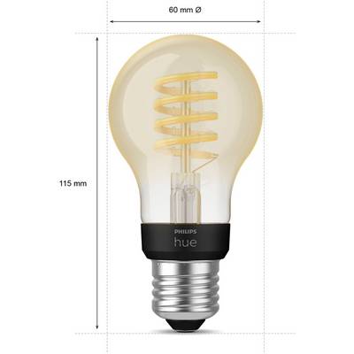 'Philips Hue LED-lamp, 60 mm diameter, 115 mm hoogte, spiraalvormig LED-filament, zwarte fitting.'