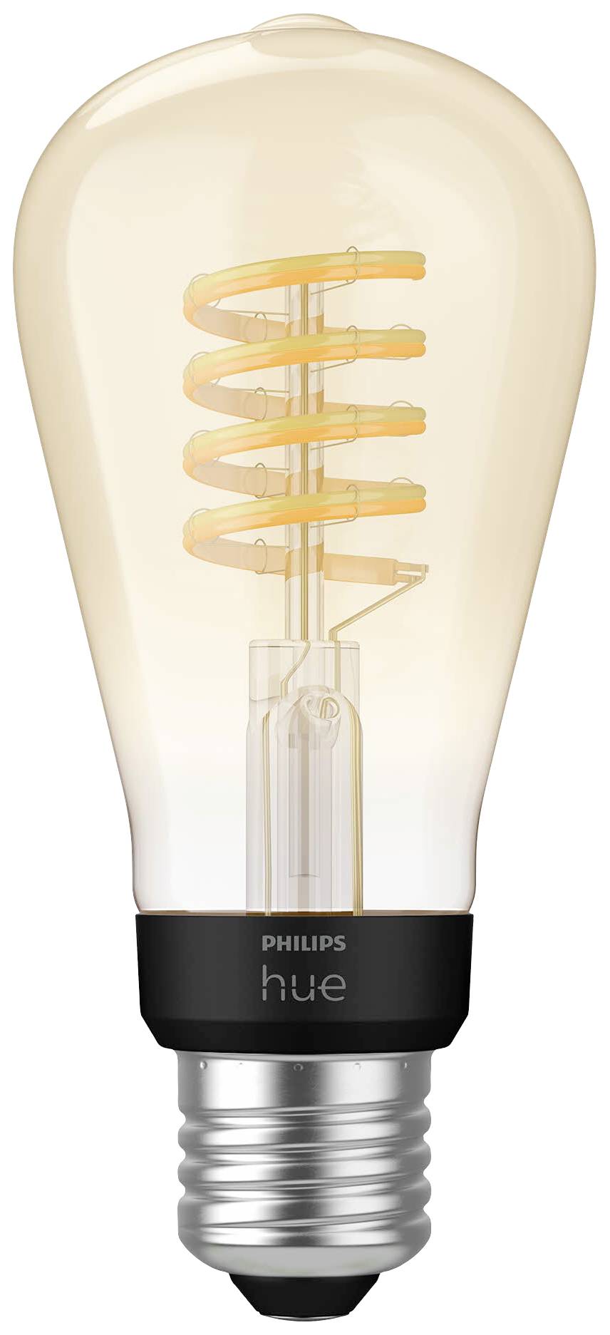 'Philips Hue' ledlamp met spiraalvorm en warm licht. Gebruikt als slimme woningverlichting en bevordert een gezellige sfeer.