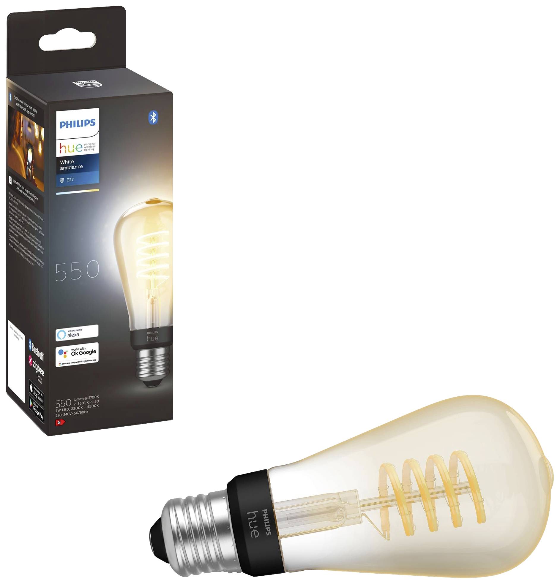 Philips Hue gloeilamp in Edison-stijl voor zijn verpakking, die Bluetooth-connectiviteit en slimme bediening aanprijst.