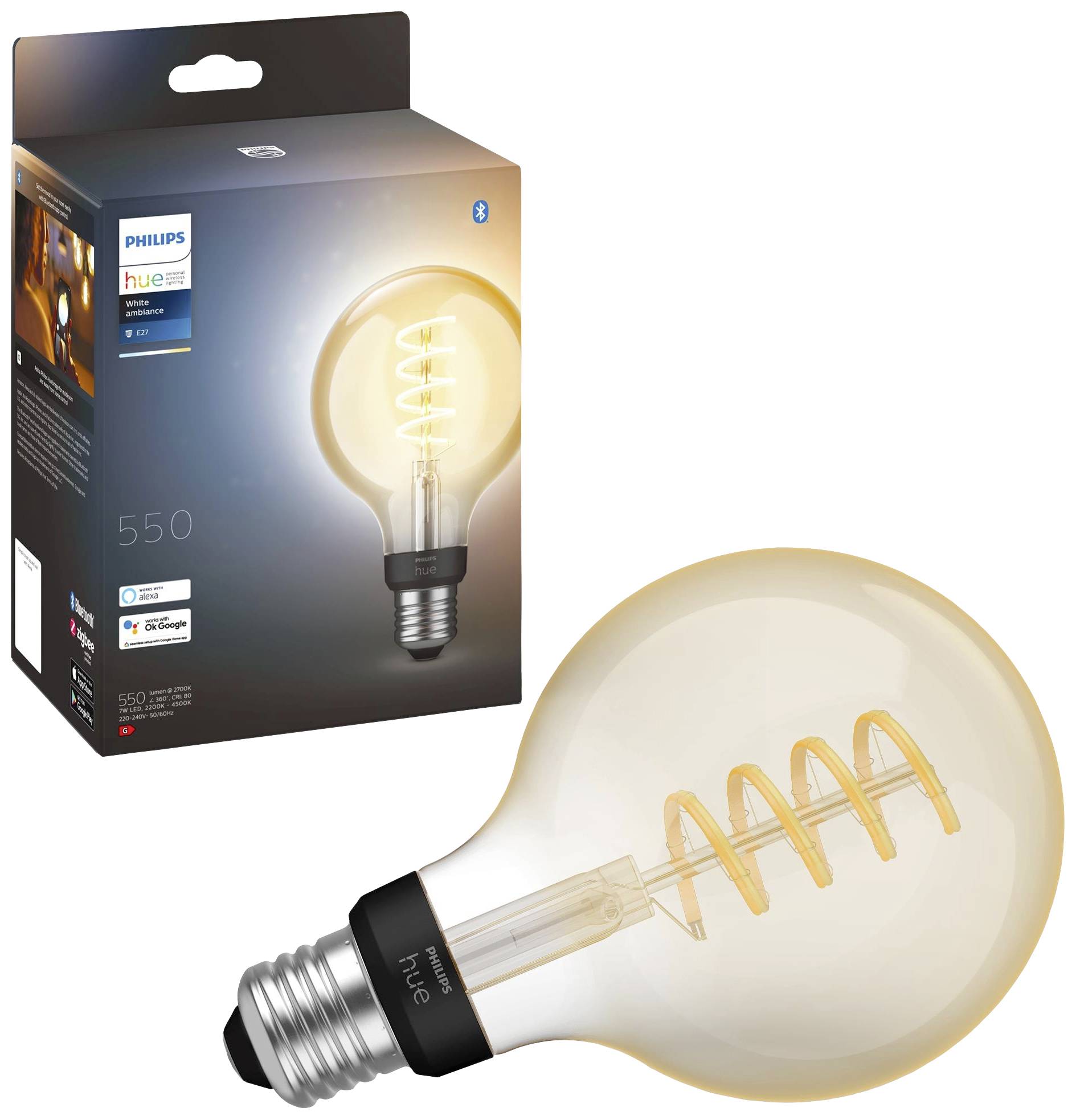 Gloeilamp voor verpakking met gloeiend gloeidraad in spiraalpatroon. Verpakking toont merknaam en lichtintensiteit '550 Lumen'.