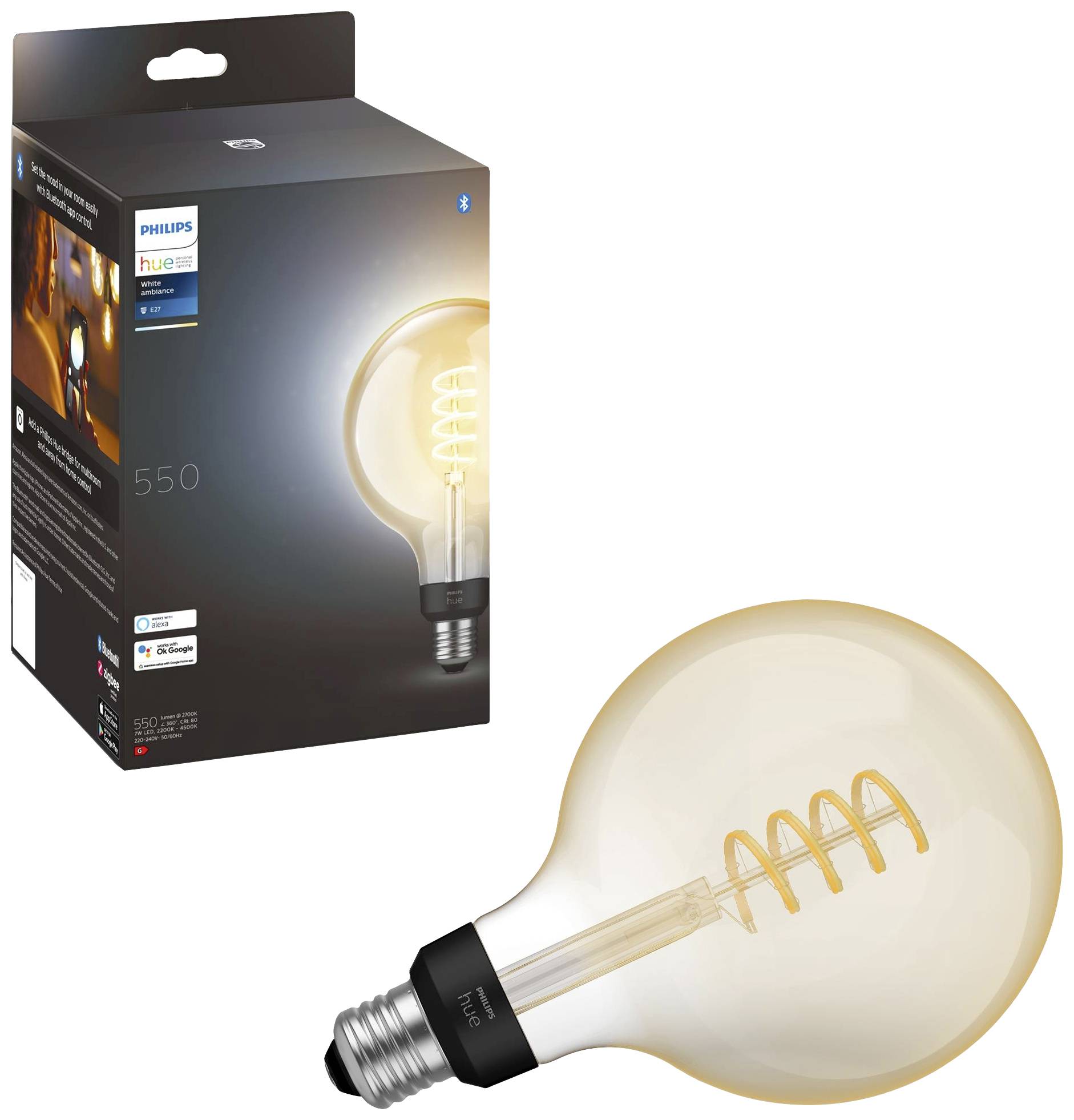 Een decoratieve gloeilamp met spiraalvorm en zijn verpakking. Verpakking geeft het merk en Bluetooth-compatibiliteit aan.