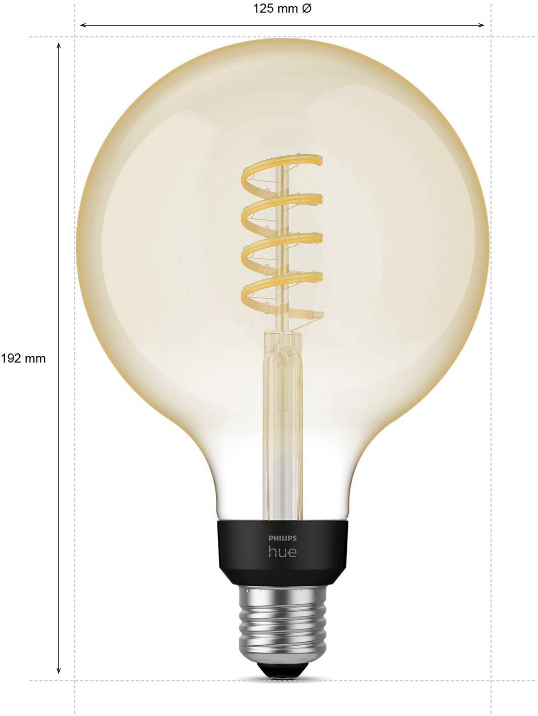 'Philips Hue' lamp, spiraalvormig LED-ontwerp, E27-fitting, 125 mm diameter, 192 mm hoogte. Decoratief en energiezuinig.