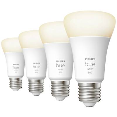 Vier Philips Hue White LED-lampjes op een rij, elk met 800 lumen. Benadrukken energiezuinigheid en warmwit licht.