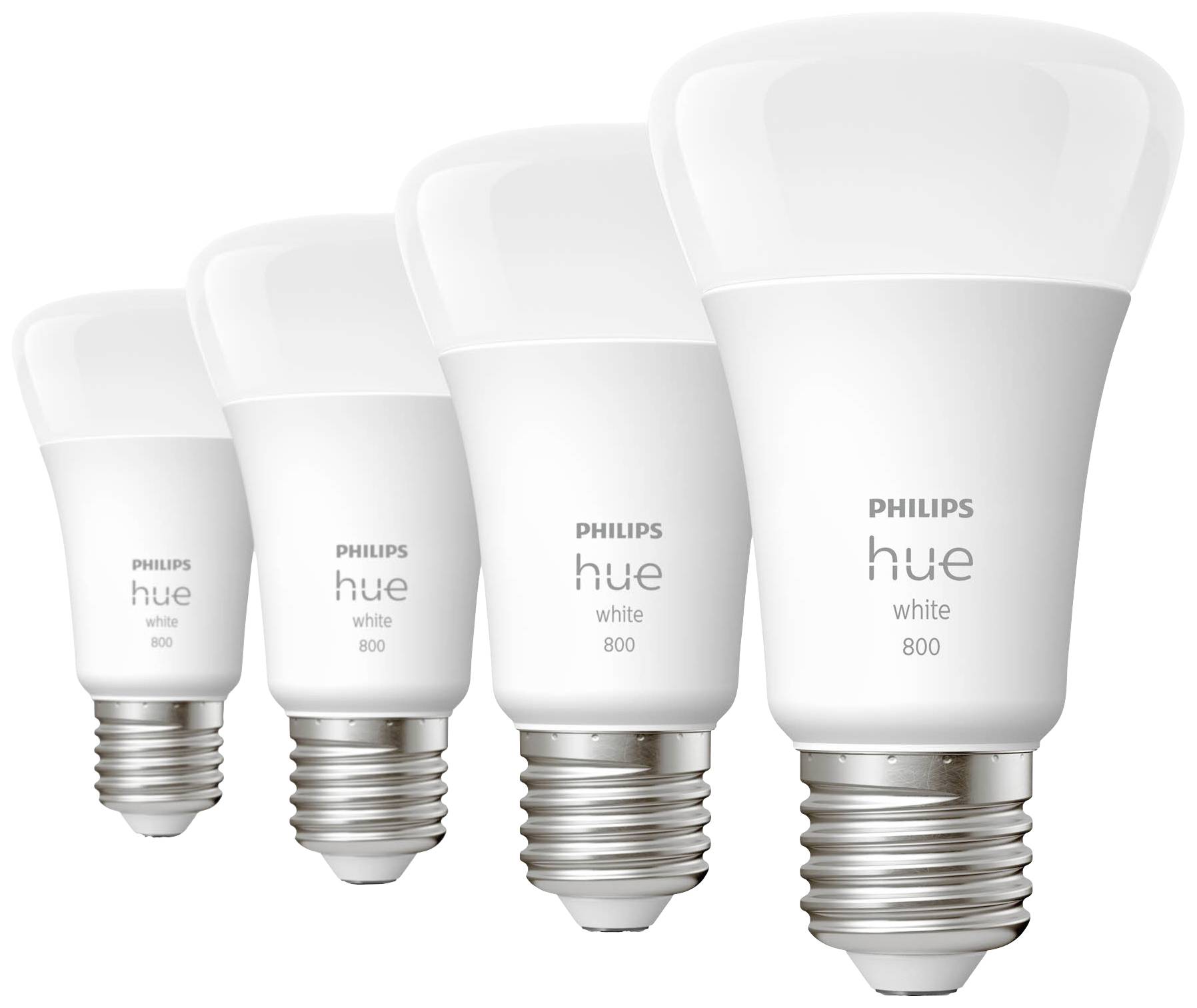 Vier Philips Hue White LED-lampen op een rij, elk met een E27-fitting, geschikt voor slimme lichtbesturing.