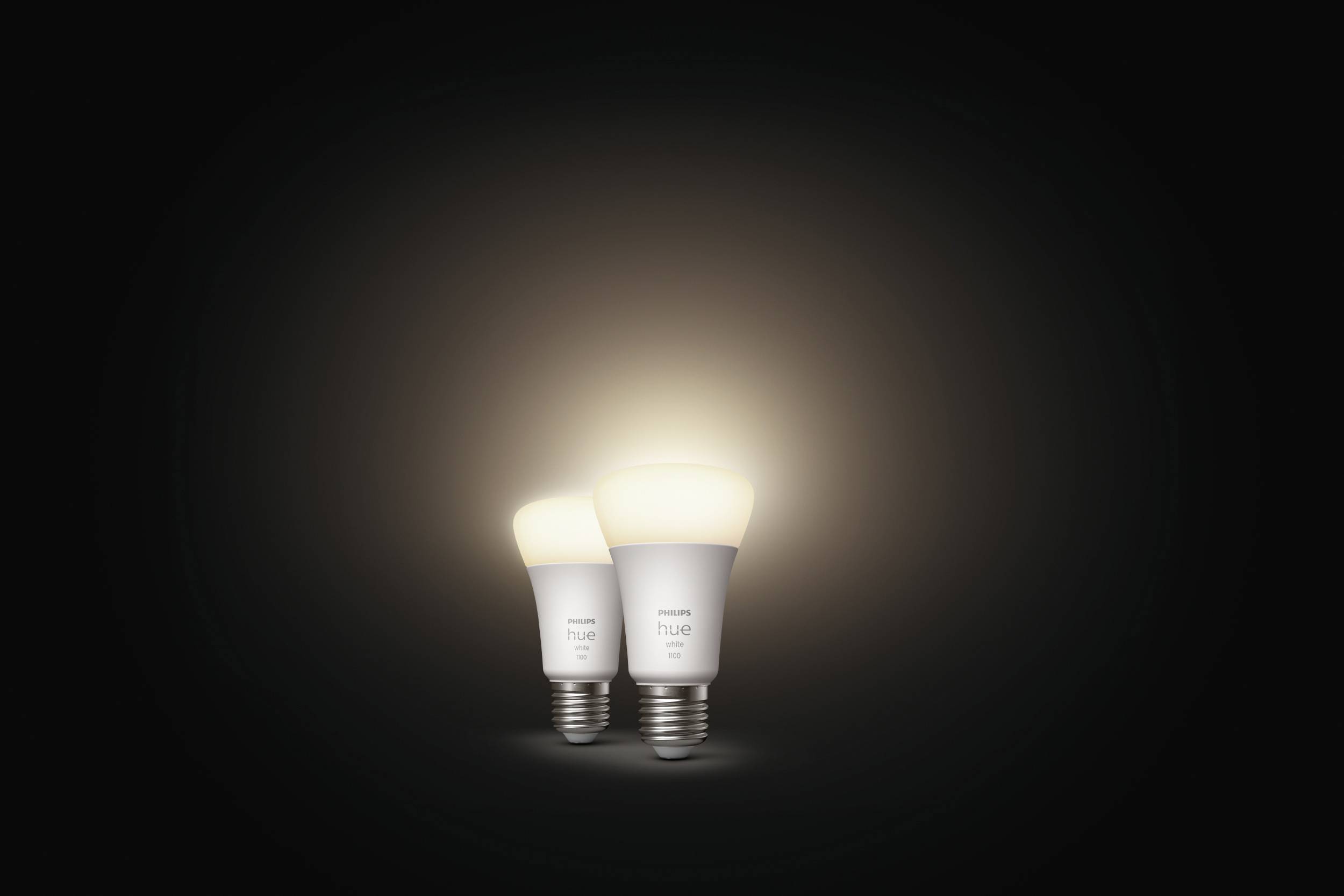 Twee stralende gloeilampen op een donkere achtergrond die verschillende helderheidsniveaus laten zien. Voornamelijk warmwit licht.