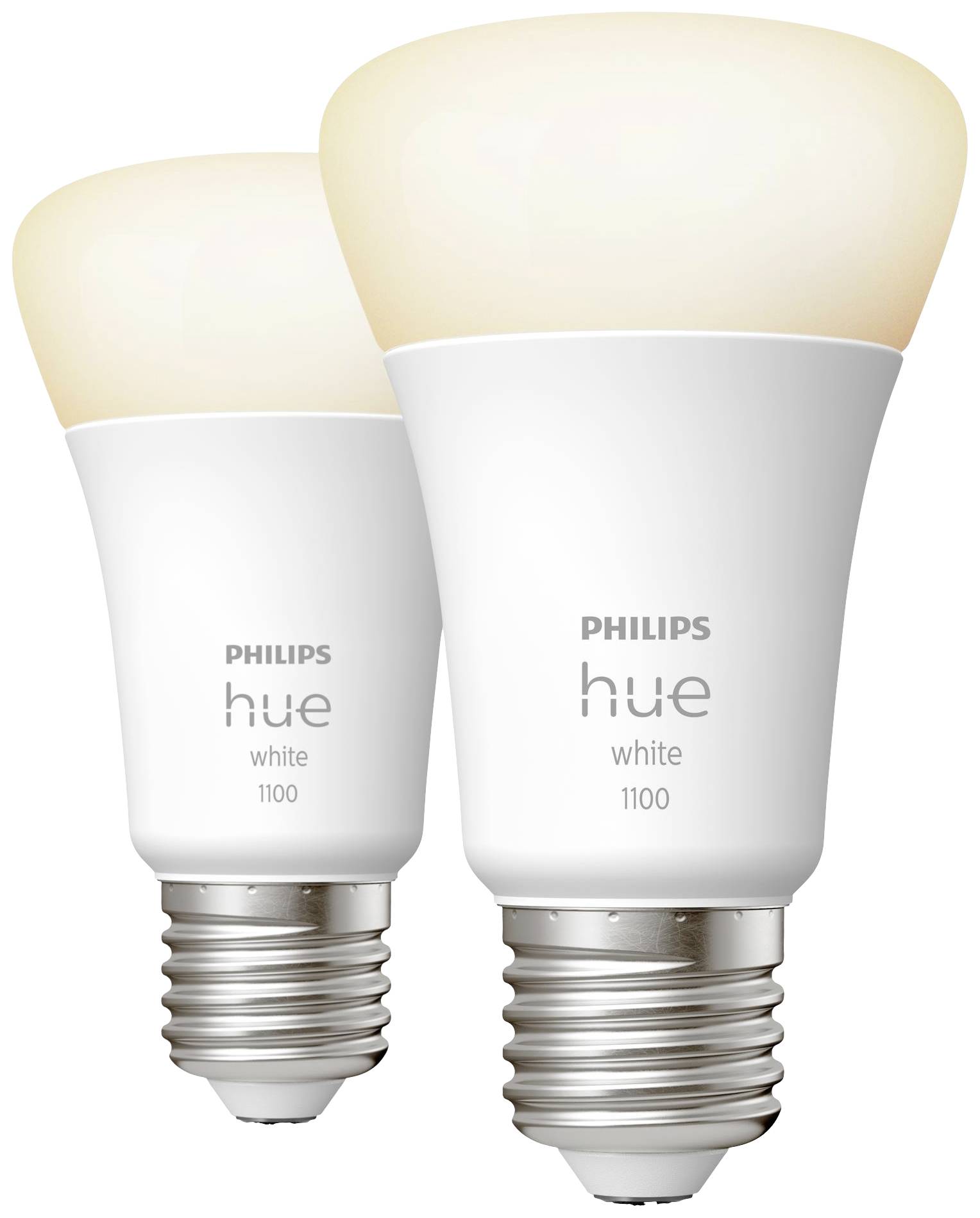 Twee Philips Hue LED-lampen met E27-fitting, verlichten warm wit, geschikt voor intelligente lichtbesturing via app.