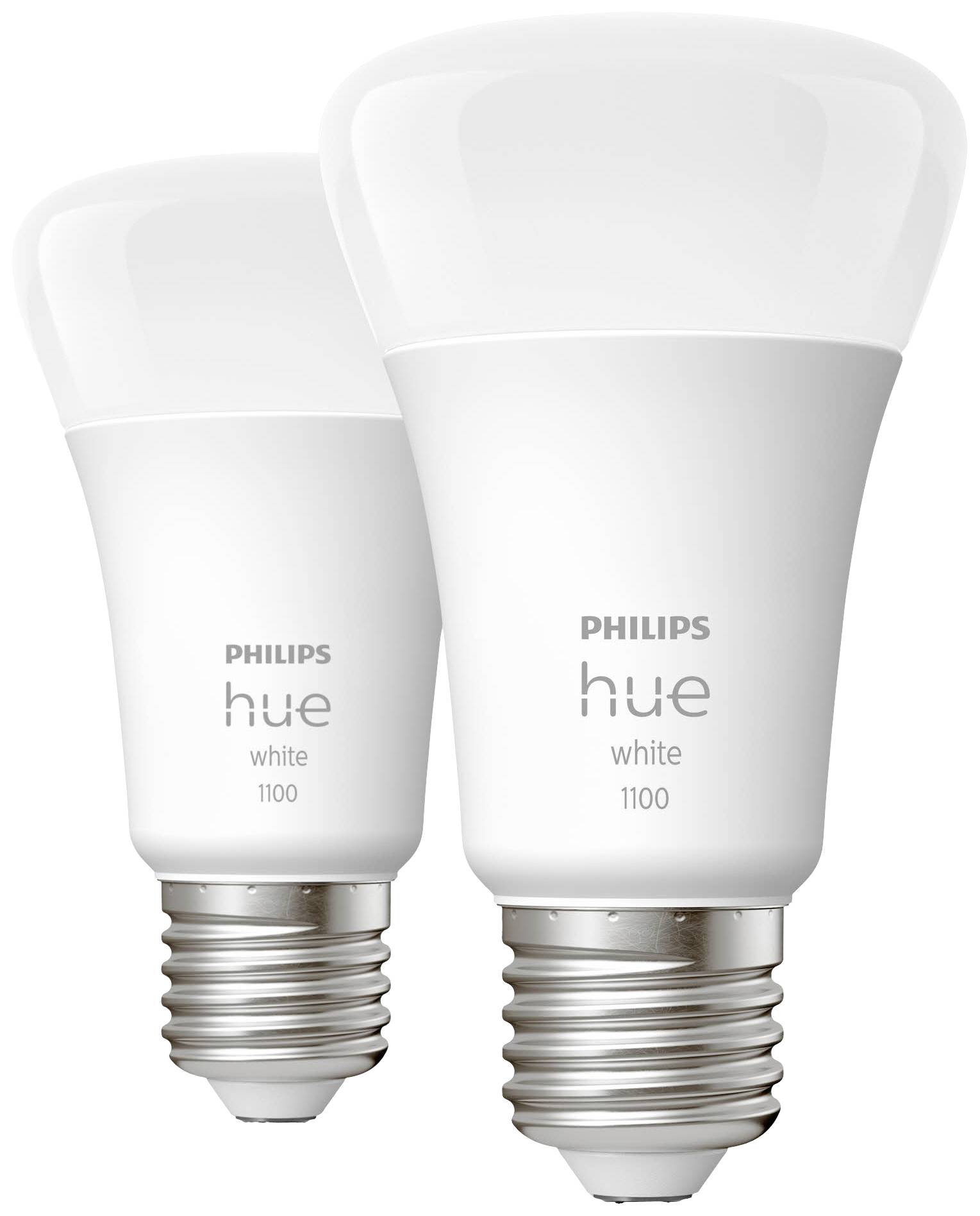 Twee Philips Hue lampen met schroefaansluiting, model 'White 1100', weergegeven op een lichte achtergrond.