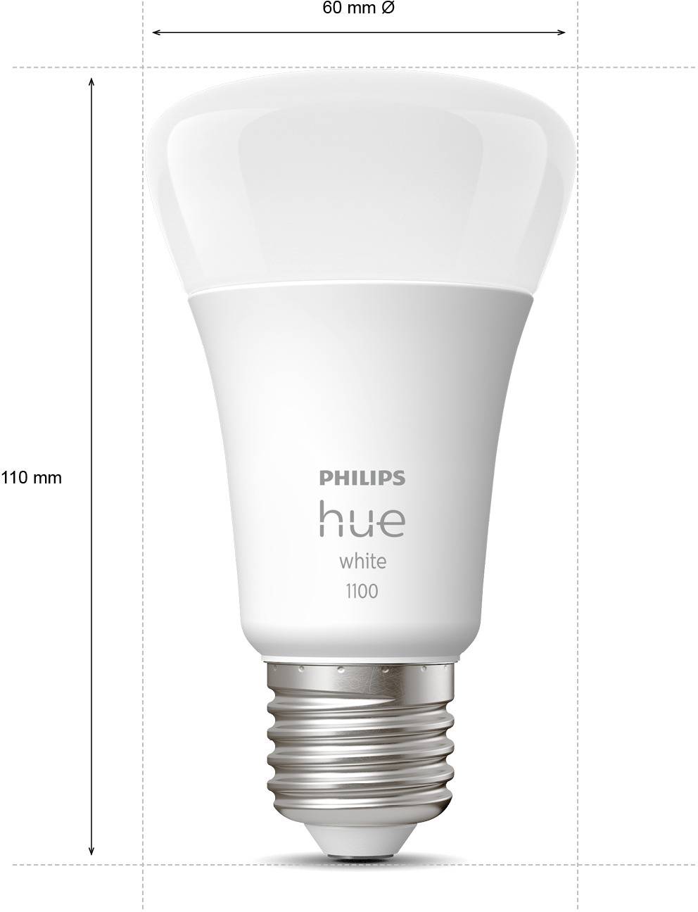 Een witte Philips Hue LED-lamp, 1100 lumen, met afmetingen: 60 mm diameter, 110 mm hoogte.