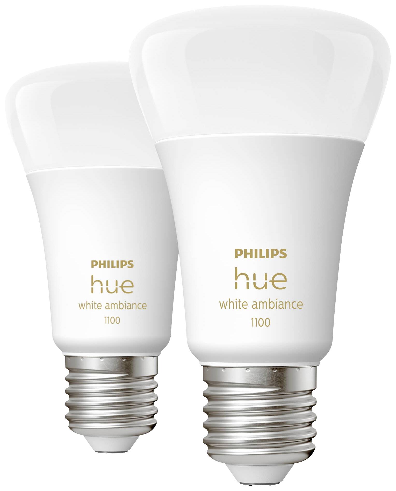 Twee Philips Hue White Ambiance lampen, E27-fitting, tonen hun moderne design. Ideaal voor het aanpassen van het licht aan de sfeer.