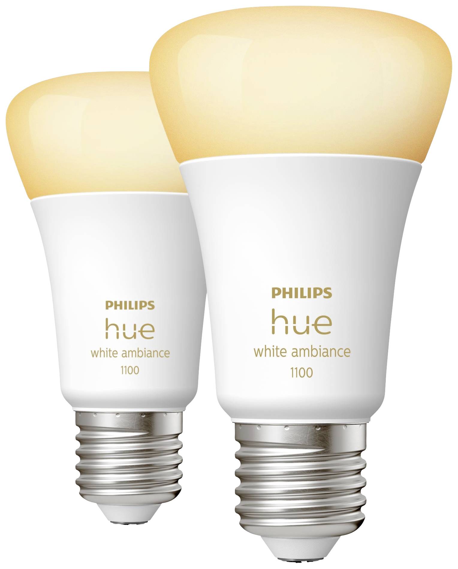 Twee Philips Hue White Ambiance LED-lampen met E27-fitting, die schijnen in warm wit. Energiezuinig en te bedienen via de app.