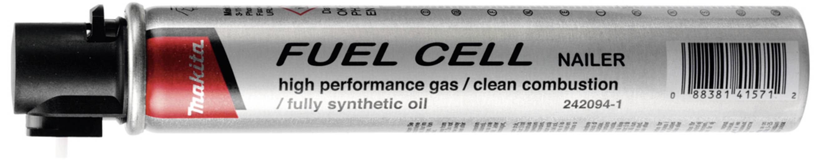 Cilindrische gascartouche met het opschrift 'Fuel Cell Nailer', geschikt voor high-performance gasnailers, met synthetische olie.