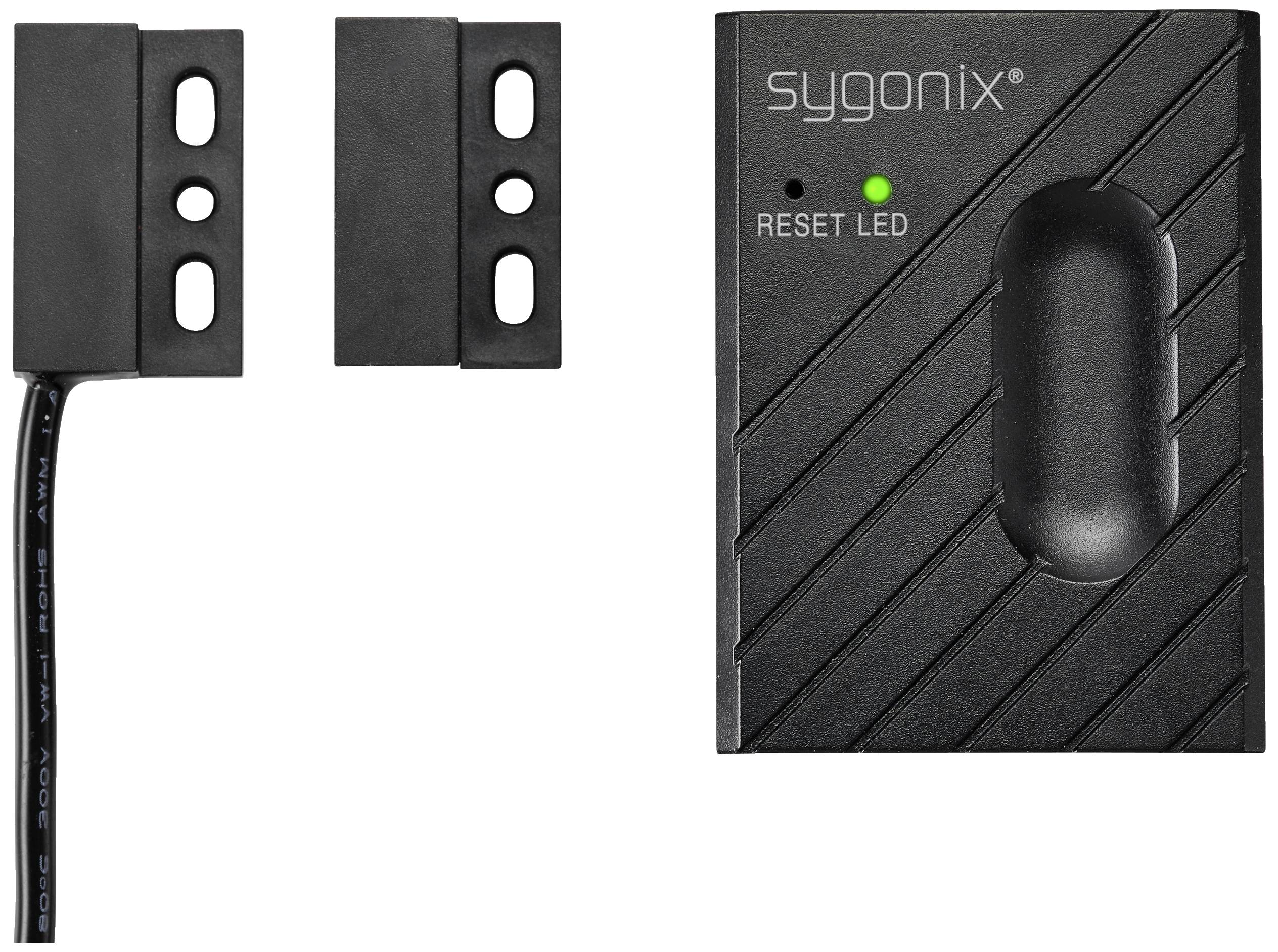 Een Sygonix deurcontact-set bestaande uit een hoofdsensor en een magneetcontact. De hoofdsensor heeft een 'RESET LED'.
