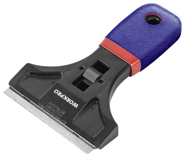 Een ijskrabber met een blauwe handgreep en rode accenten, geschikt voor het verwijderen van ijs van autoruiten. Merknaam zichtbaar op de schraper.