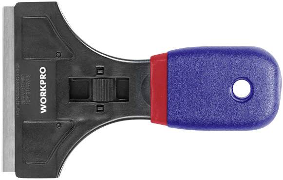 Een blauwe verfschraper met rode accenten en een zwart metalen mes. De handgreep heeft een gat om op te hangen, gemarkeerd met 'WORKPRO'.