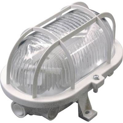 Een ovaal wand- of plafondlicht met een beschermrooster en een transparant, geprofileerd glasontwerp. Geschikt voor buitengebruik.