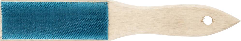 Houten borstel met blauw borsteldeel, rechthoekige vorm en een afgeronde greep met ophangoog, op een witte achtergrond.