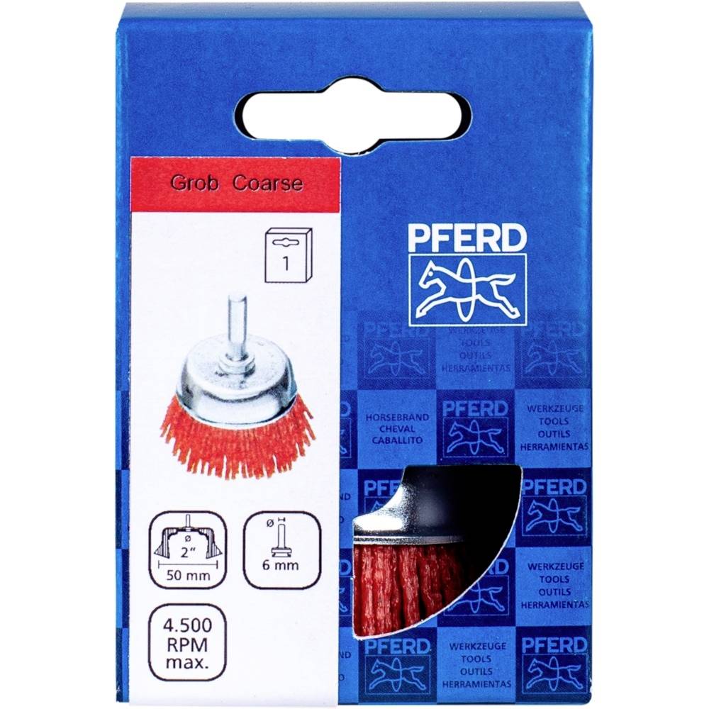 'PFERD' verpakking met een rode, grove ronde borstel (50 mm diameter, 6 mm schacht), geschikt voor maximaal 4500 tpm.