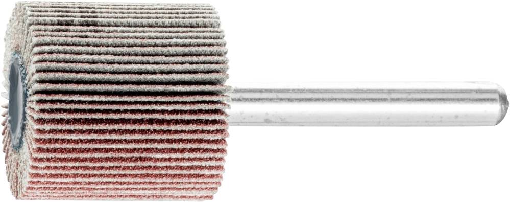 Slijpopzetstuk met lamellen van grof materiaal, bevestigd aan een metalen pen, gebruikt voor het gladmaken of polijsten van oppervlakken.