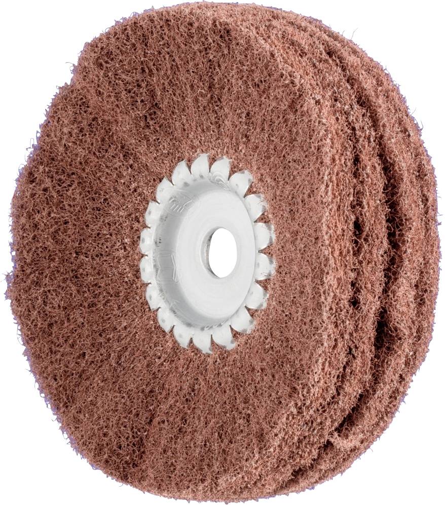 Bruine, ronde slijpschijf met een witte binnenring, gebruikt voor oppervlaktebewerking van metaal of hout.