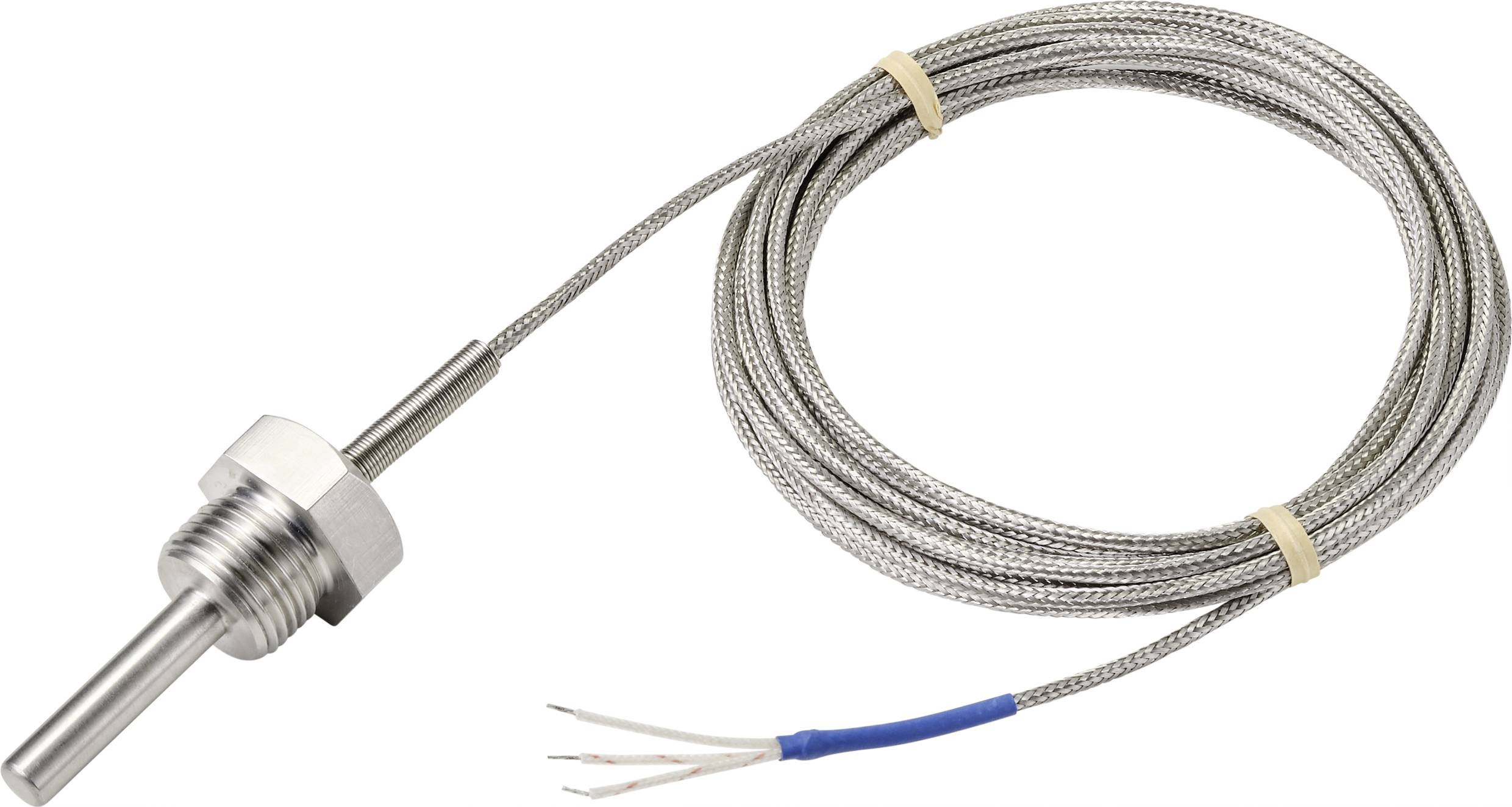 Een zilverkleurige temperatuursensor met schroefdraadaansluiting en geïsoleerde kabel, voor temperatuurbewaking in technische toepassingen.