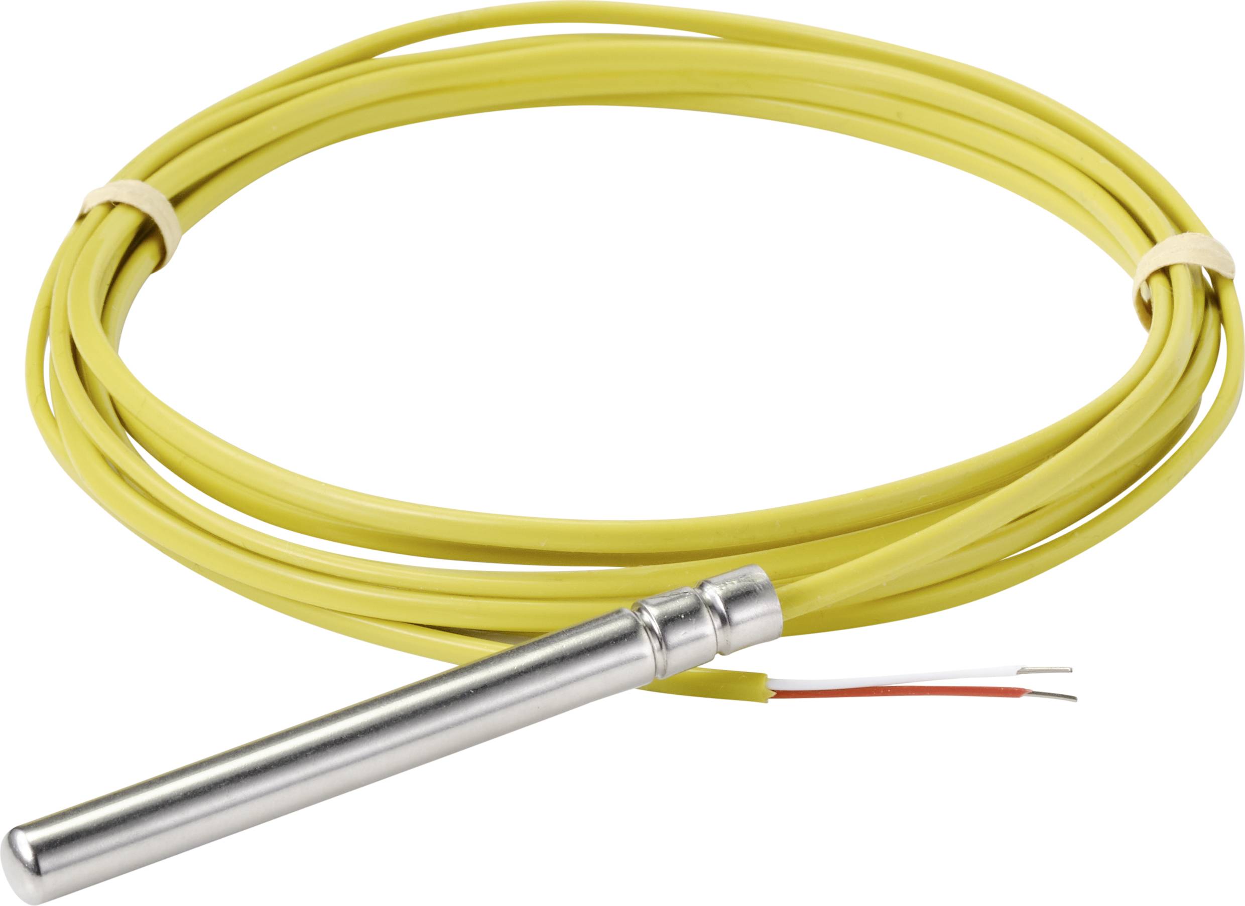 Gele temperatuursensor met lang kabel en metalen sonde, geschikt voor industriële toepassingen en nauwkeurige temperatuurmetingen.