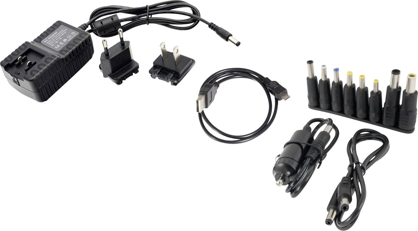 Een universele voedingsset met adapters, kabels, autoadapter en verschillende aansluitstukken voor veelzijdige stroomvoorziening.