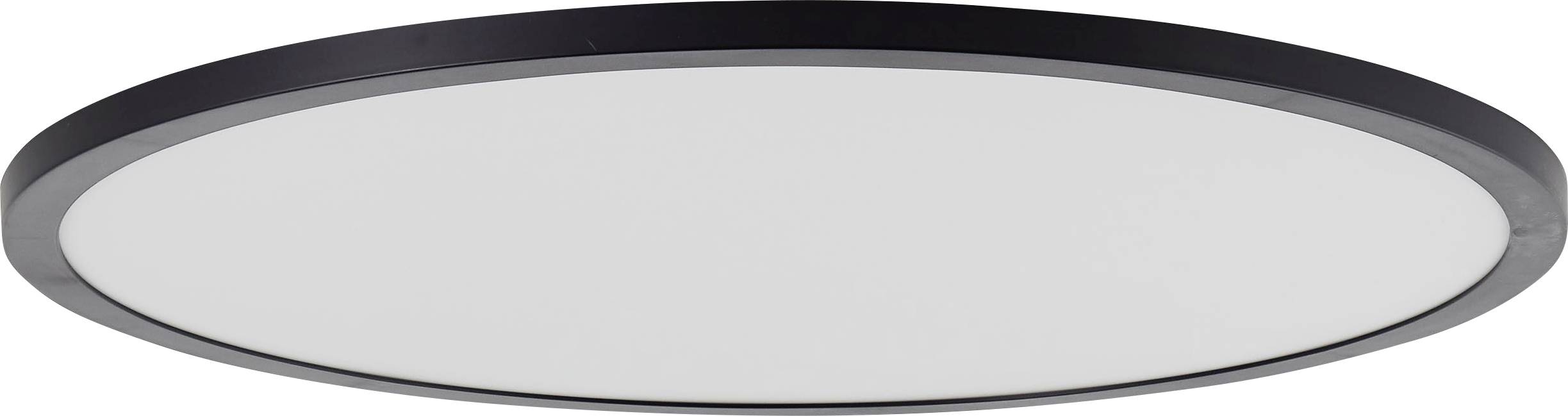 Plafondlamp met een plat, rond ontwerp en zwarte rand.