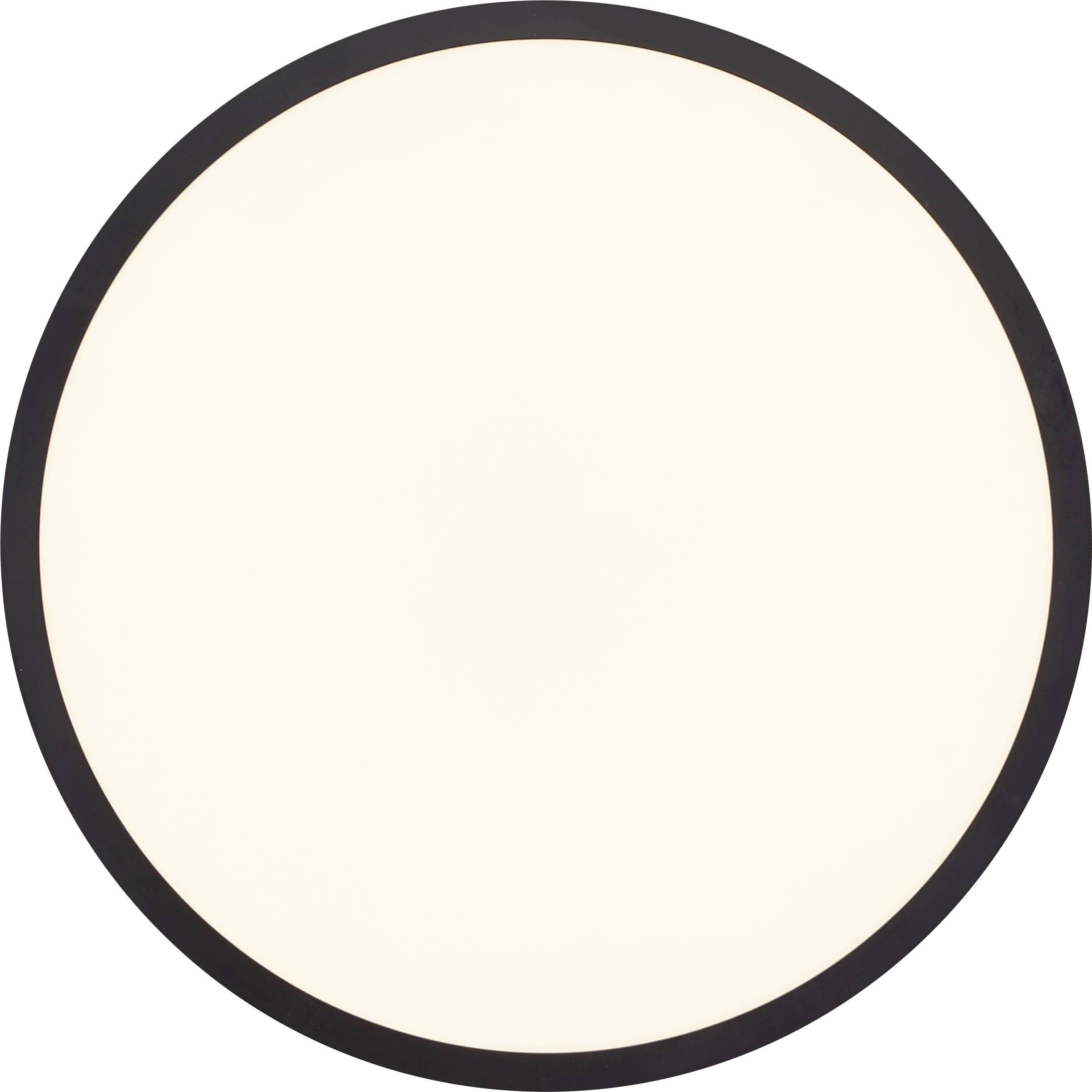 Een minimalistisch rond lichtpaneel met een zwarte rand en een helder verlicht binnenoppervlak, kenmerkend voor moderne plafondverlichting.