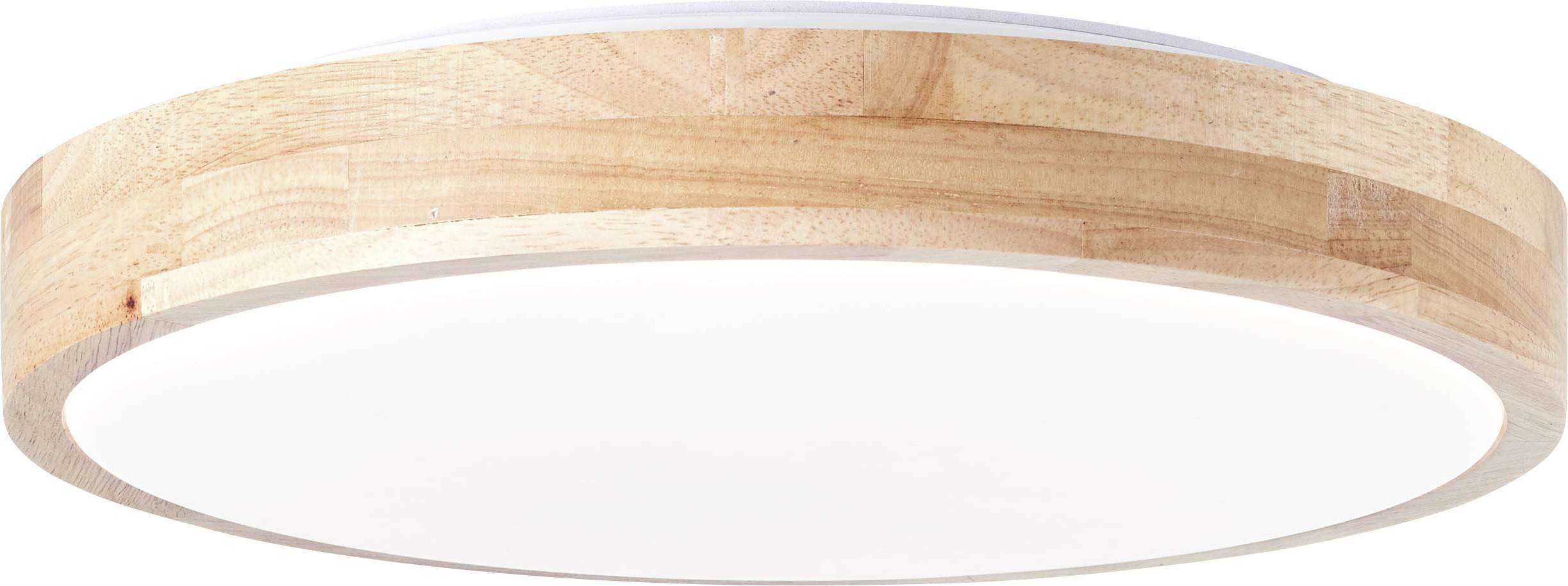 Ronde plafondlamp met een houten frame en een witte, ondoorzichtige kap. Minimalistisch ontwerp dat perfect past in moderne ruimtes.