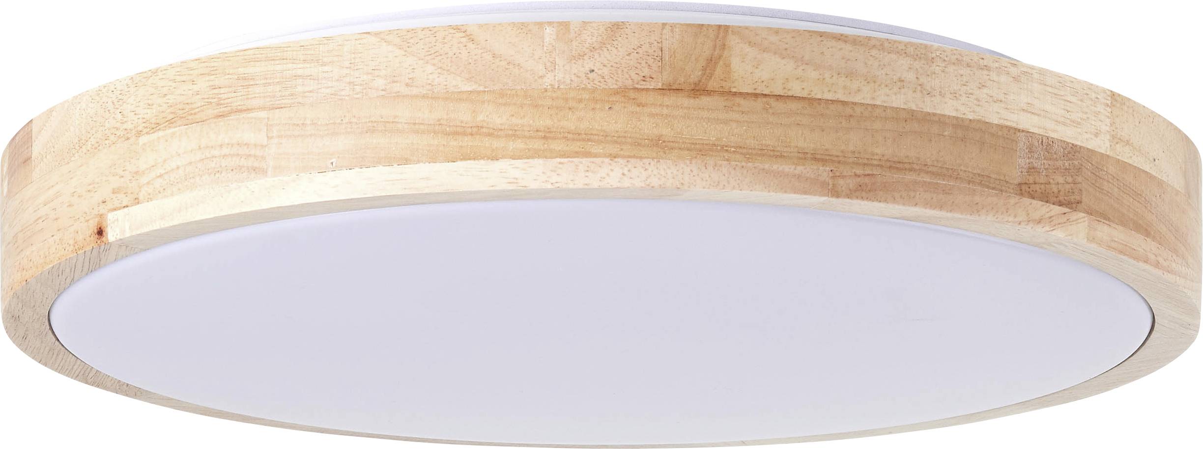 Ronde plafondlamp met houten rand en wit oppervlak, geschikt voor minimalistische interieurs.