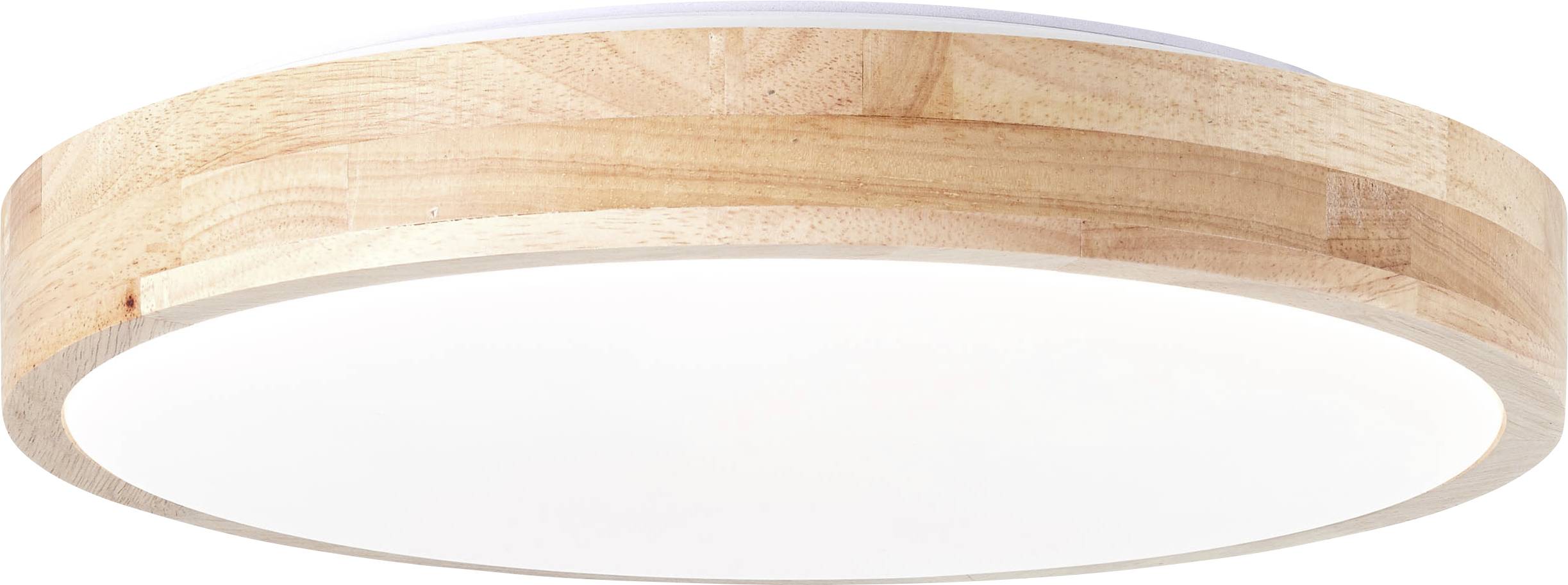 Ronde plafondlamp van hout met witte diffuser, geschikt voor gelijkmatige verlichting van binnenruimtes.