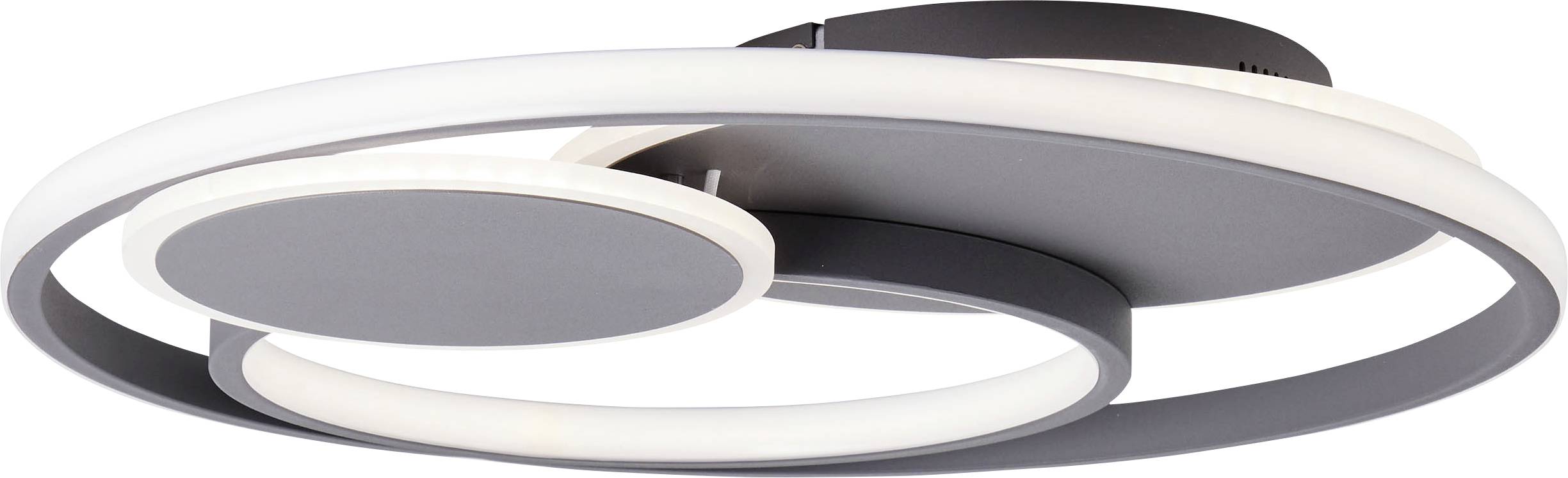 Moderne, ronde LED-plafondlamp met twee ringen en een centrale schijf in een minimalistisch design.