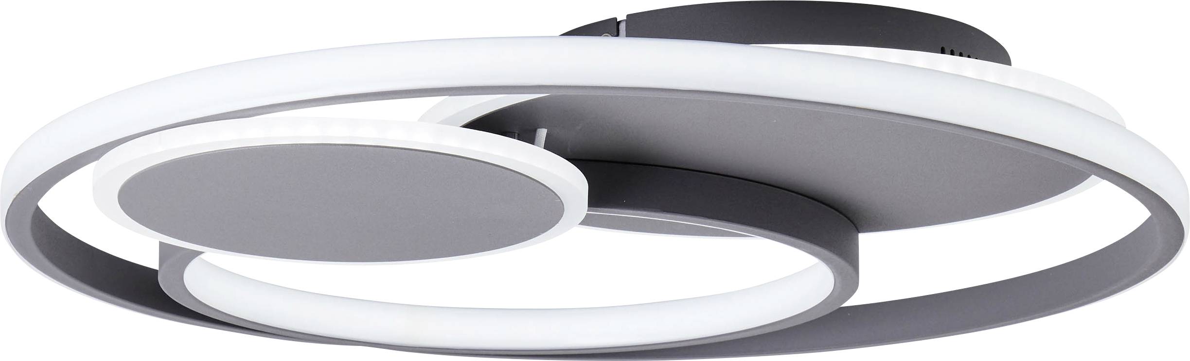 Moderne LED-plafondlamp met drie in elkaar grijpende ringen in zwart-wit design.