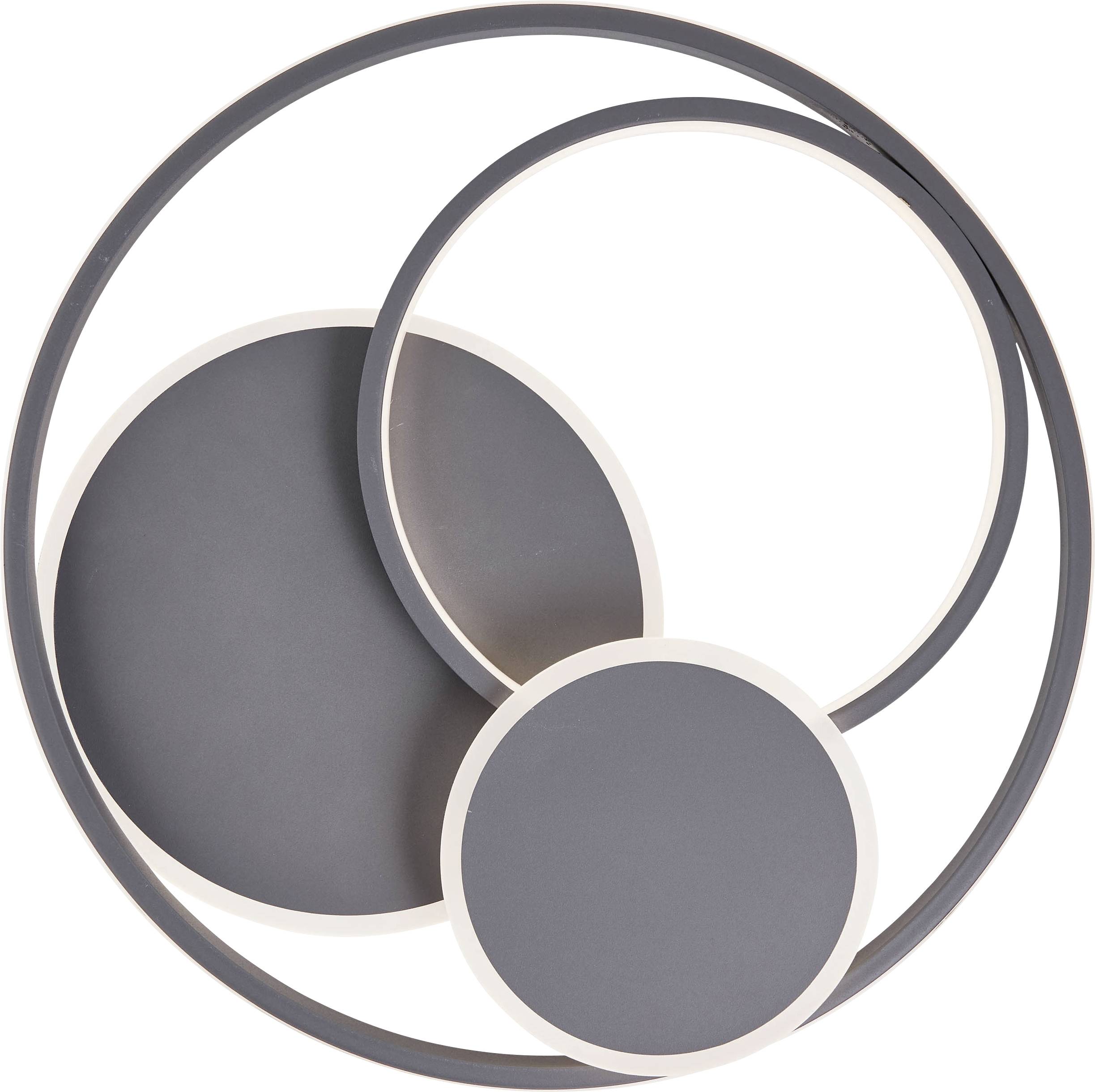 Drie overlappende grijze cirkels van verschillende groottes, kunstzinnig gerangschikt en representatief voor een minimalistische stijl.