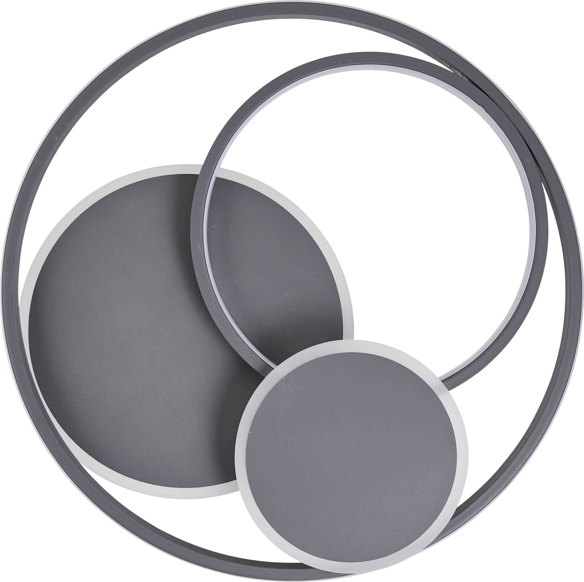 Drie grijze cirkels van verschillende grootten overlappen elkaar en vormen een symmetrisch, decoratief patroon.