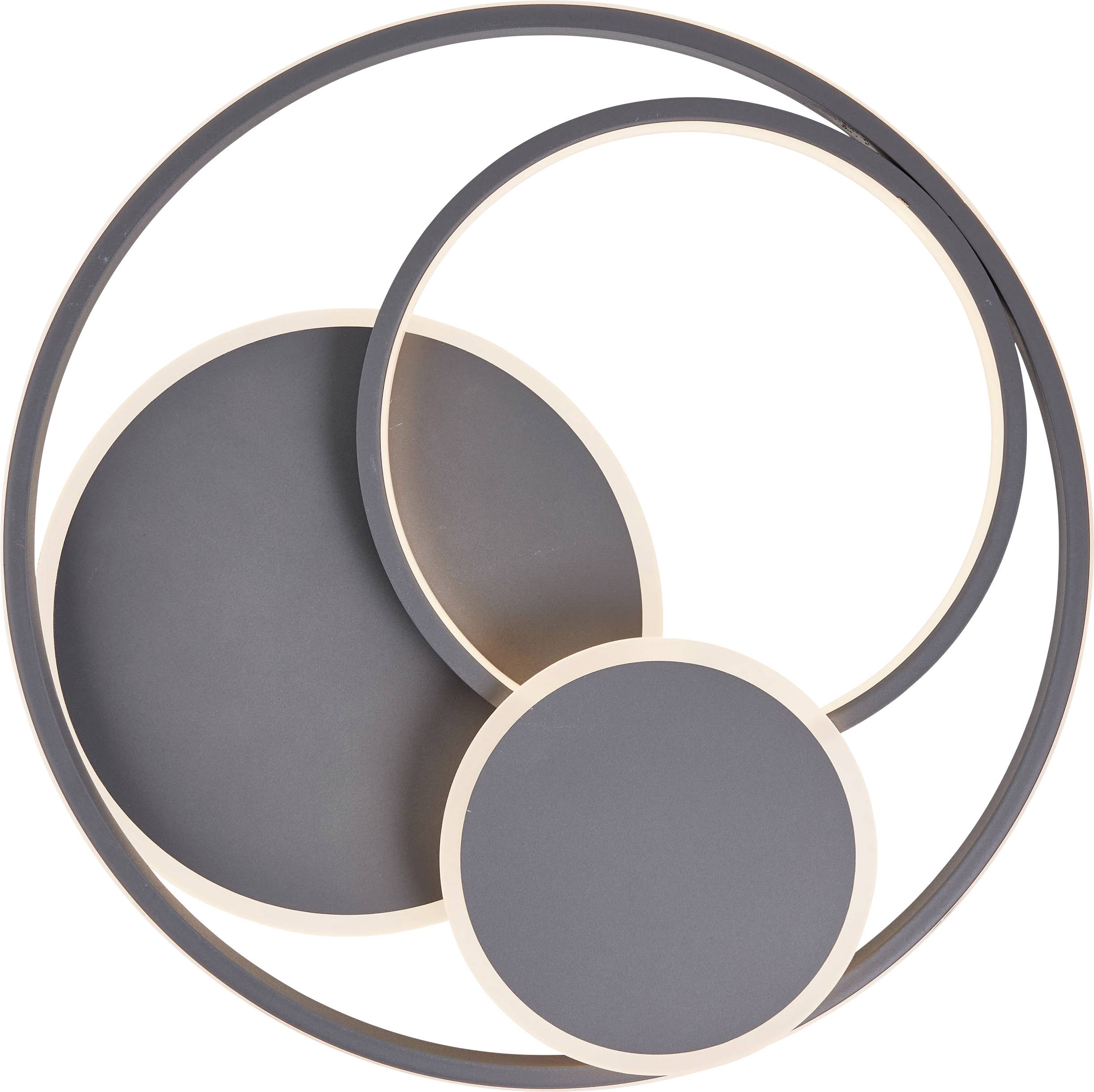 Moderne plafondlamp met drie overlappende cirkels in zwart met witte rand. Minimalistisch ontwerp voor hedendaagse ruimtes.