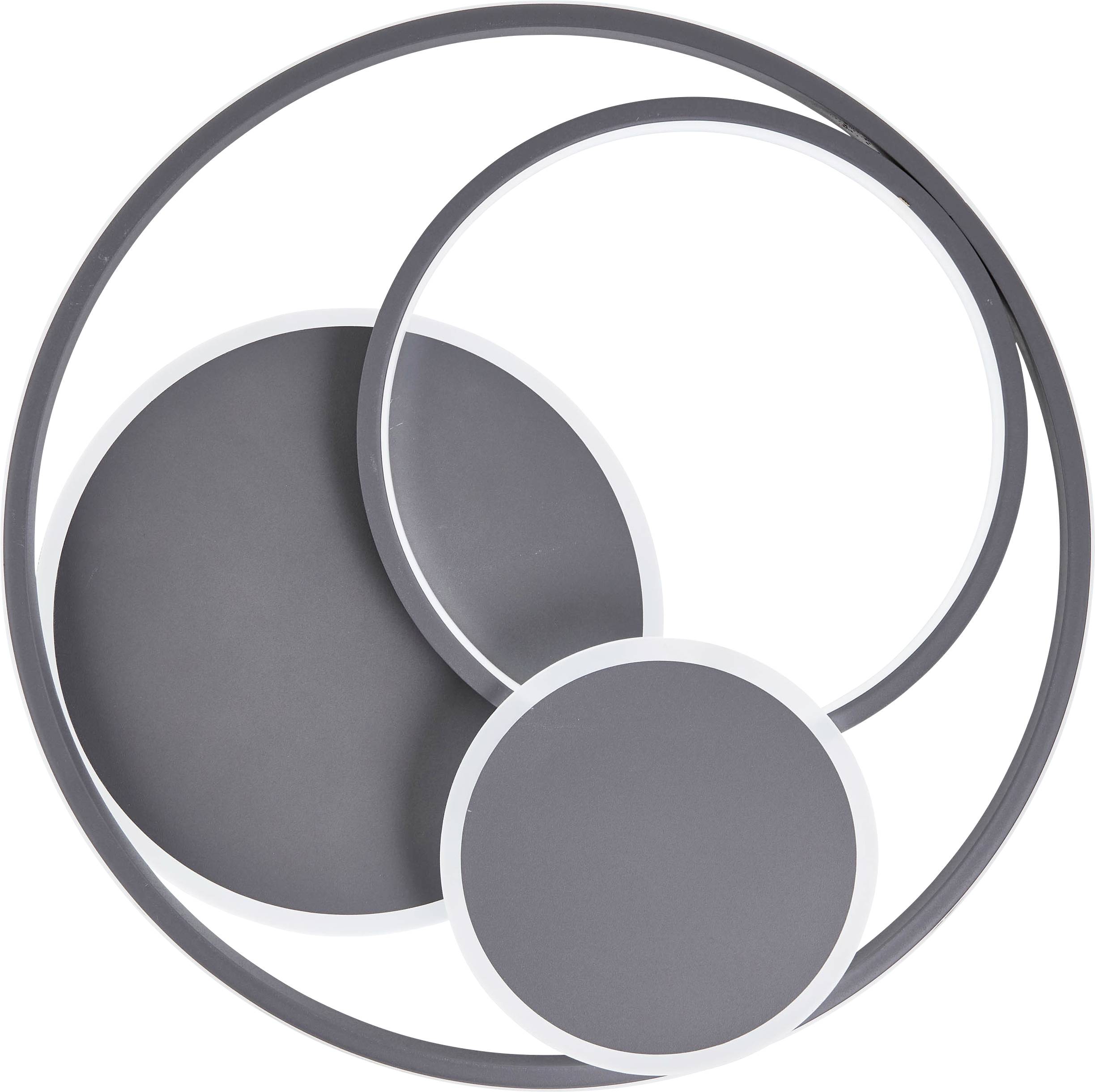 Abstracte kunst met drie overlappende cirkels die een moderne geometrische stijl vertegenwoordigen. Kleurentinten in grijs en wit.