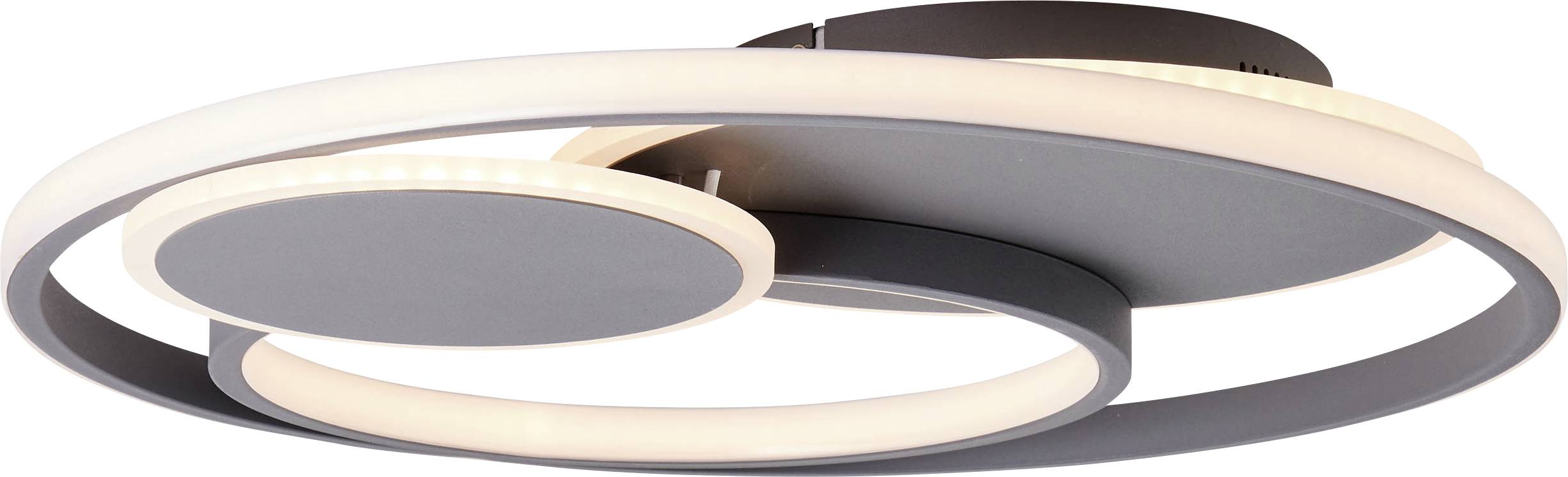 Moderne plafondlamp met twee cirkelvormige, in elkaar grijpende lichtbronnen die zacht, diffuus licht uitstralen.