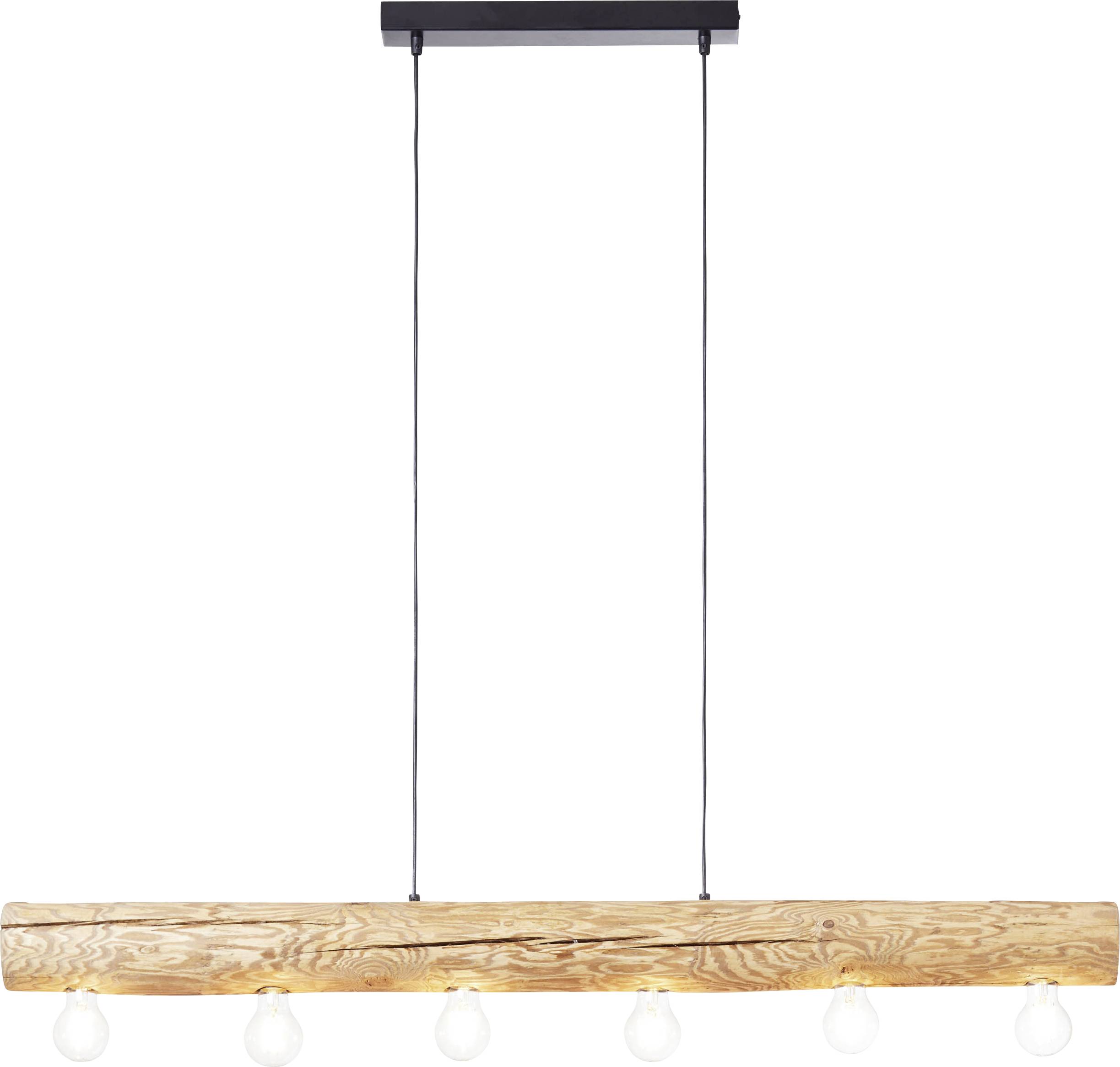 Hanglamp met houten balk en vijf zichtbare gloeilampen die aan twee zwarte kabels van een plafondsteun hangen.