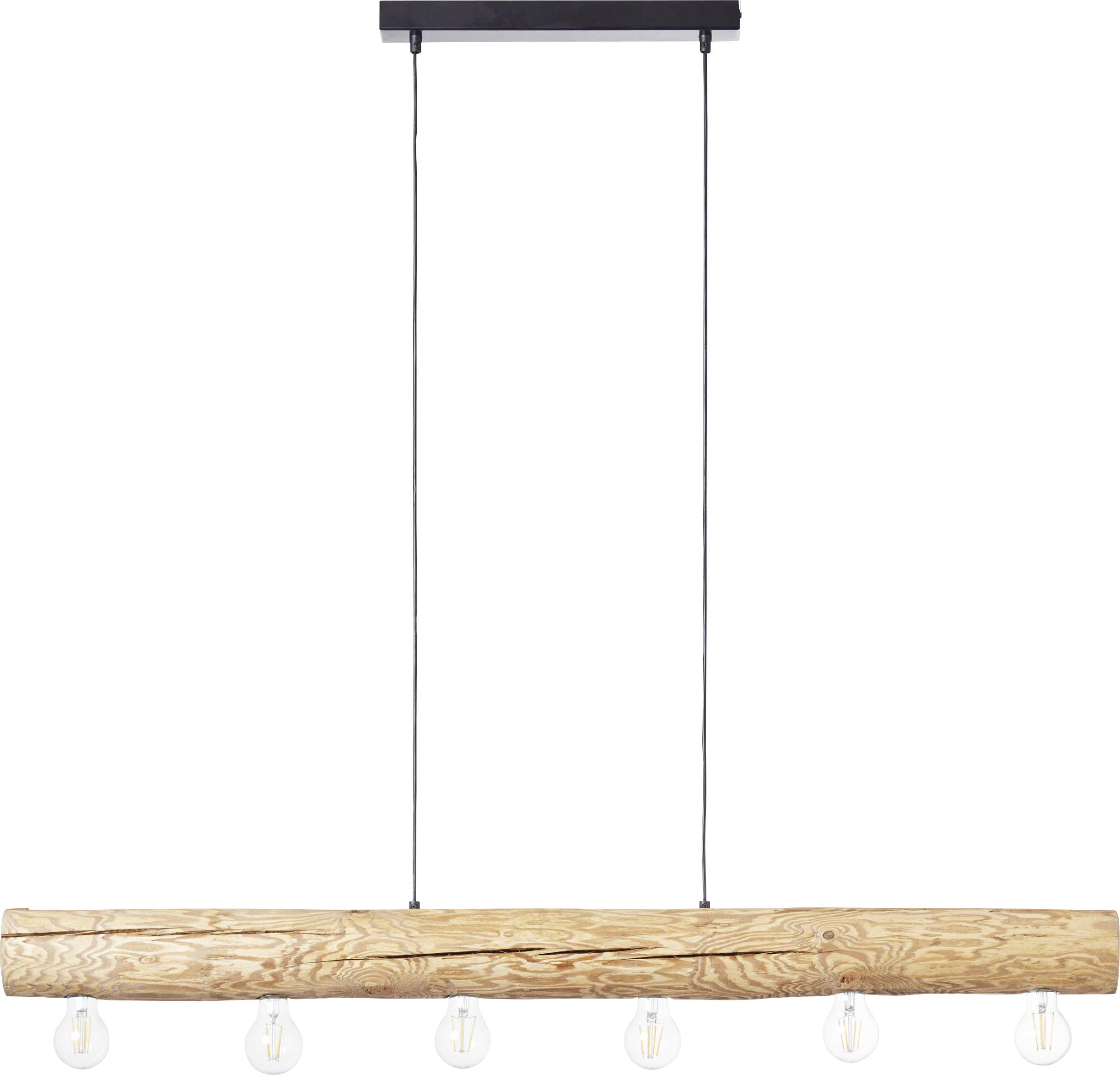 Hanglamp met houten rail, zes blootgestelde gloeilampen eronder. Modern design, geschikt voor eetkamer of keuken.