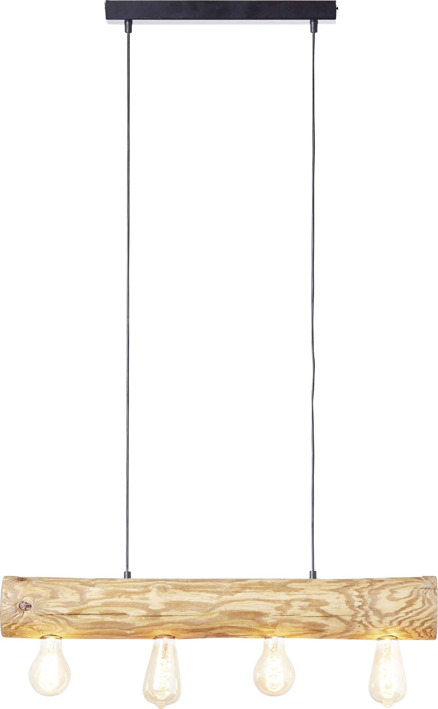 Houten hanglamp met vier zichtbare gloeilampen, bevestigd aan een rechthoekig stuk hout. Ophangsysteem is zwart.