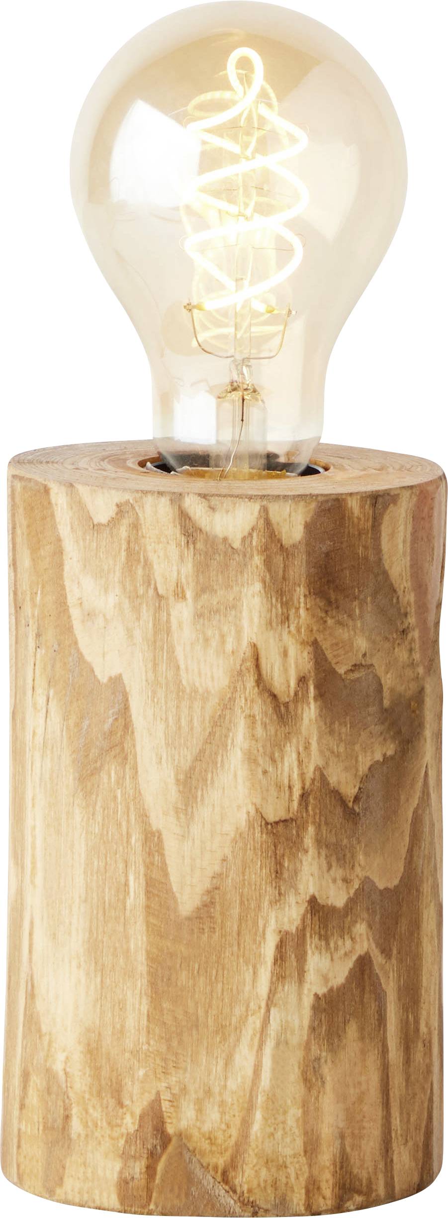 Houten lamp met een ingeschakelde gloeilamp die een warme lichtgloed verspreidt in een rustiek design.