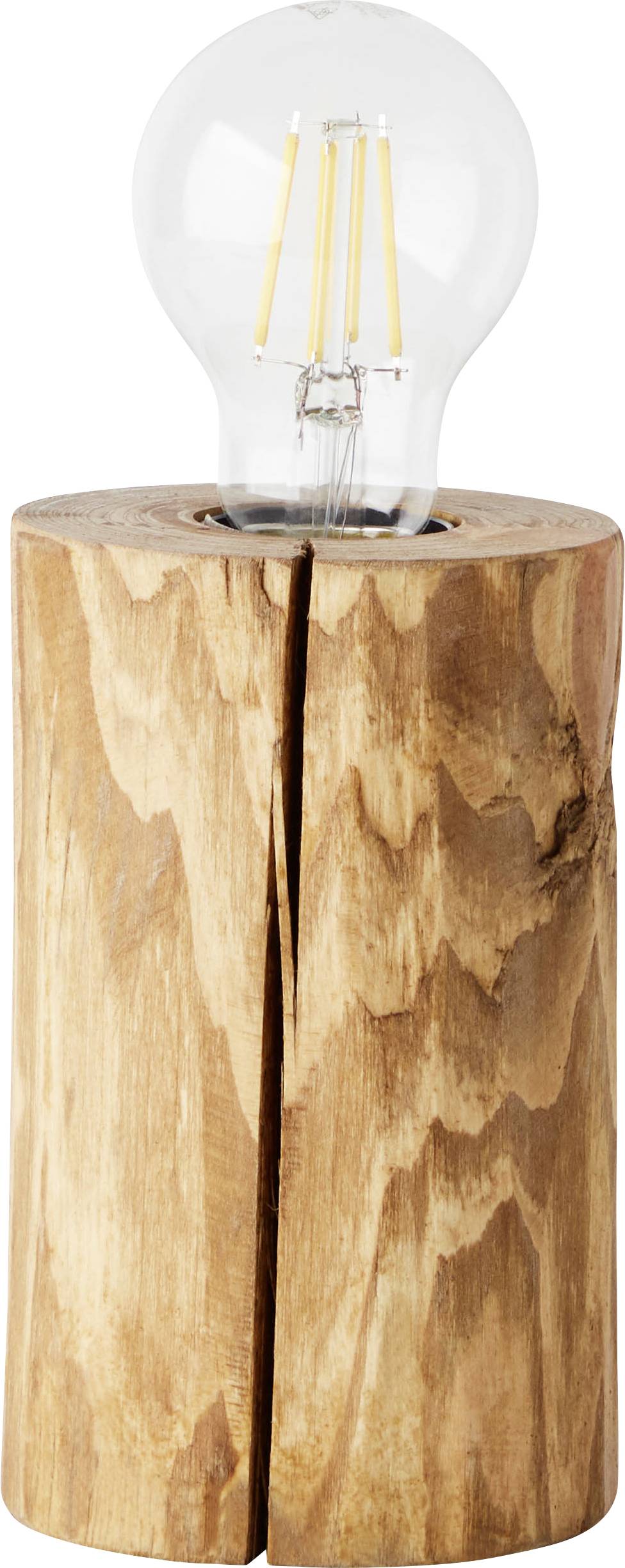 Een gloeilamp staat in een houten standaard. De nerven van het hout zijn duidelijk zichtbaar.