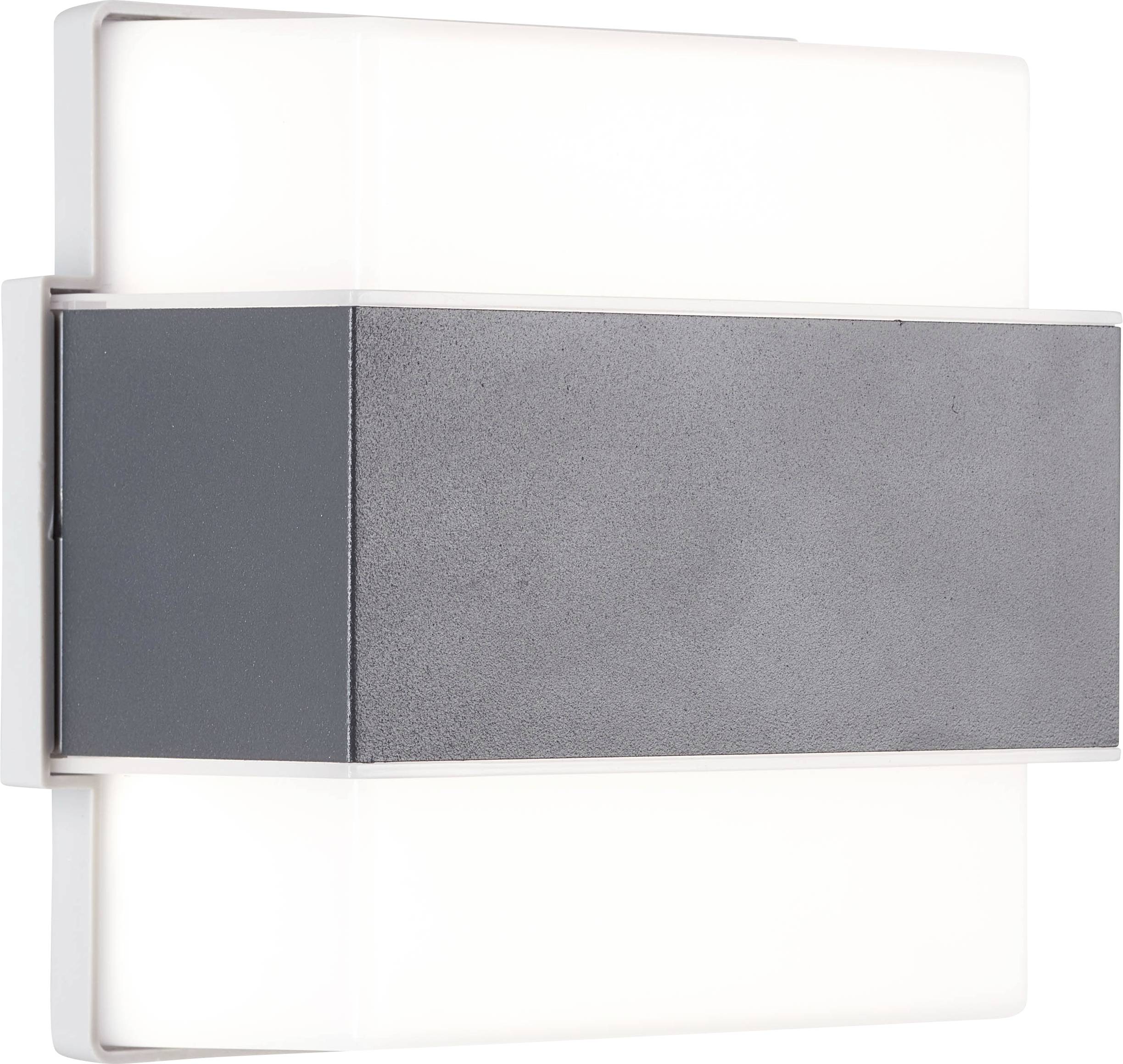 Een moderne, rechthoekige wandlamp met een grijs middendeel en twee witte, lichtgevende secties bovenaan en onderaan.