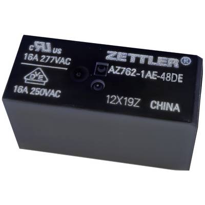 'Zwart relais met opdrukken: ZETTLER, AZ762-1AE-48DE, 16A 277VAC, 16A 250VAC, 12X19Z, China.'
