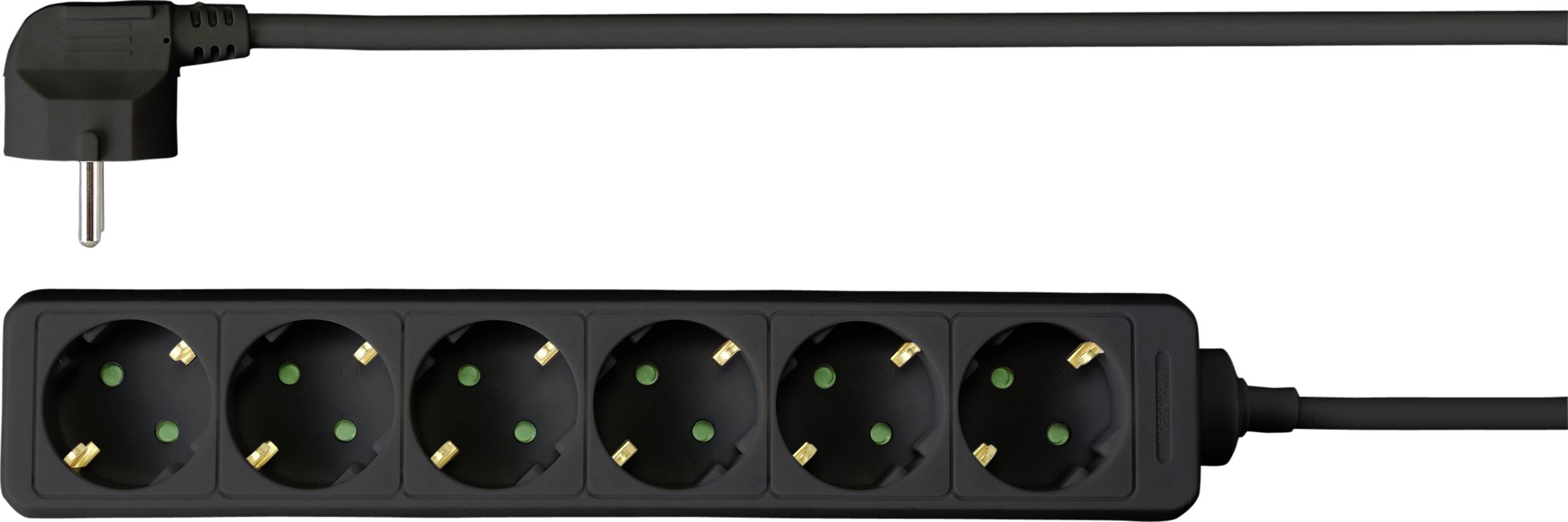 Zwarte stekkerdoos met zes aansluitingen en een kabel met stekker.