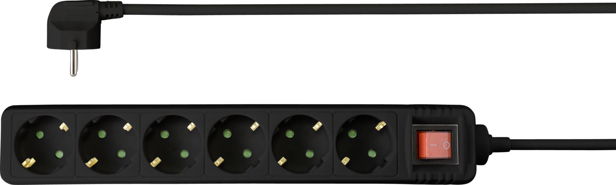 Stekkerdoos met zes aansluitingen en een aan-/uitschakelaar, netstekker linksboven. Ideaal voor het aansluiten van meerdere apparaten.